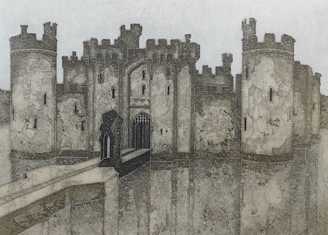 Valerie Thornton (1931-1991), etching and aquatint, 'Bodiam Castle, 1977', signed and titled in pencil, 187/250, 36 x 49cm. Condition - good